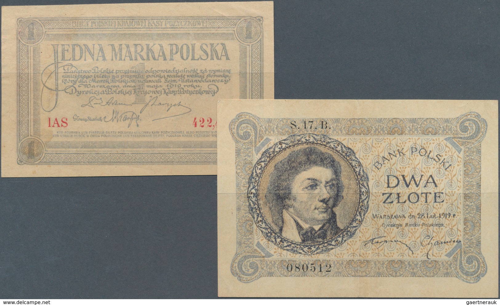 02190 Poland / Polen: Set Of 2 Banknotes 1 Marka 1919 P. 19 (XF) And 2 Marka 1919 P. 52 (VF+ With Center F - Pologne