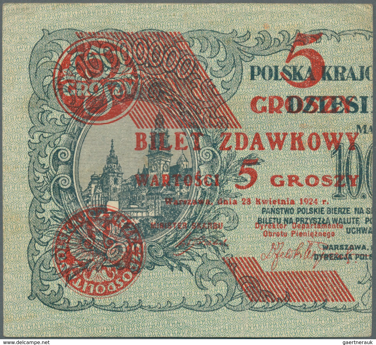 02195 Poland / Polen: Half Note 5 Groszy 1924 P. 43a, In Condition: XF+. - Poland