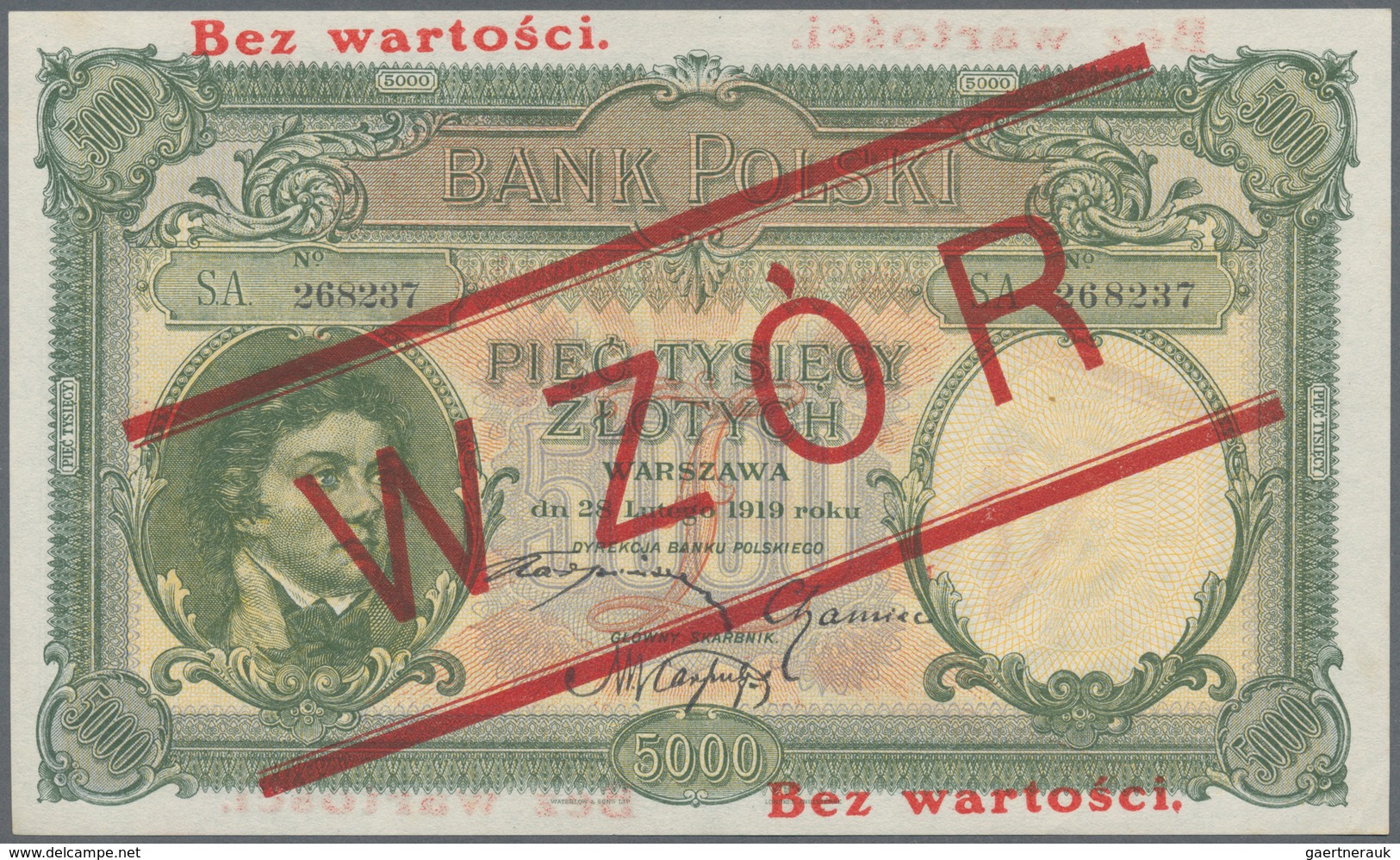 02198 Poland / Polen: 5000 Zlotych 1919 (1924) SPECIMEN, P.60s, Highly Rare Note In Excellent Condition Wi - Polonia