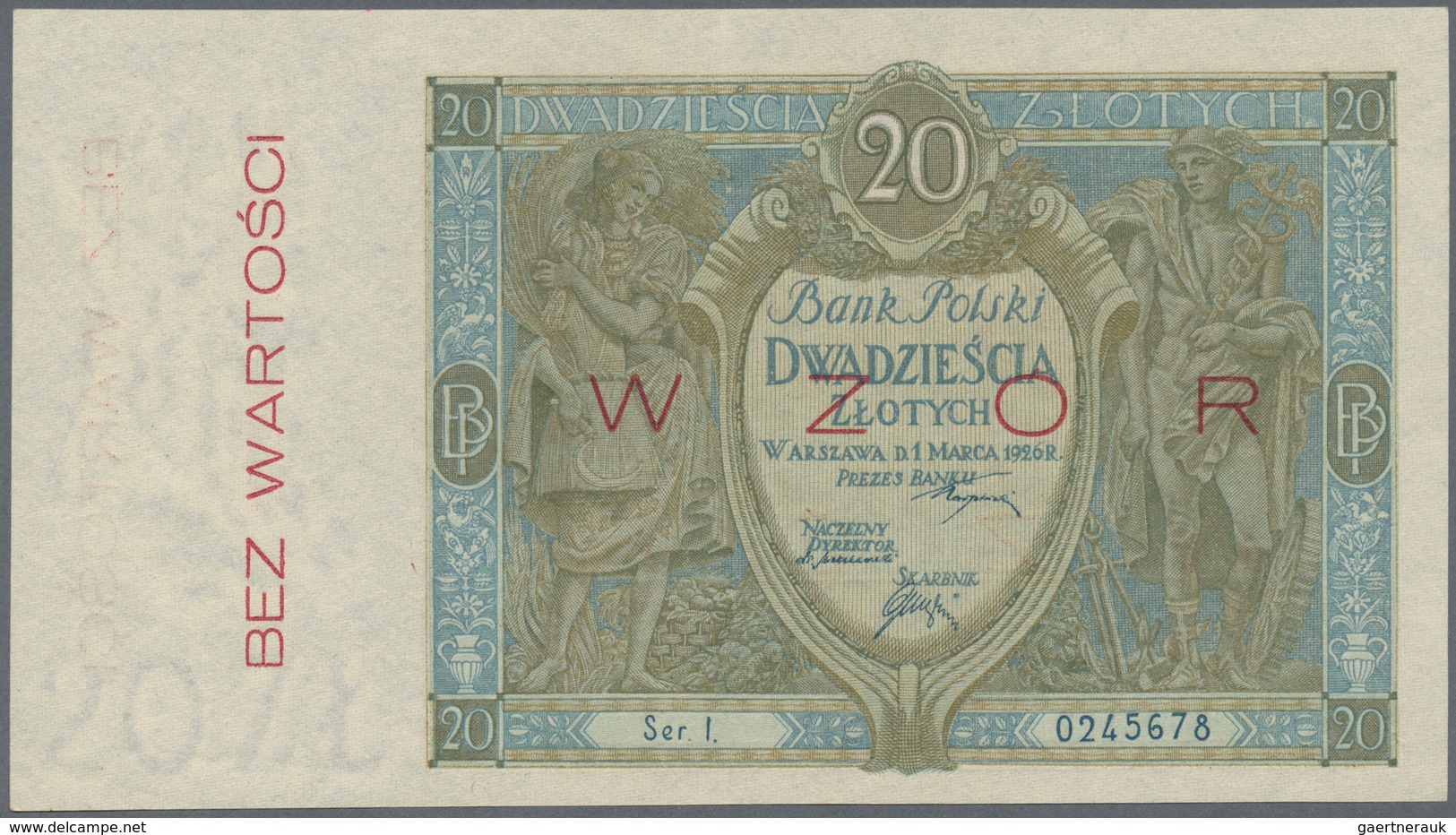 02199 Poland / Polen: 20 Zlotych 1926 SPECIMEN, P.66s With Soft Vertical Bend At Center And Tiny Dint At L - Polonia