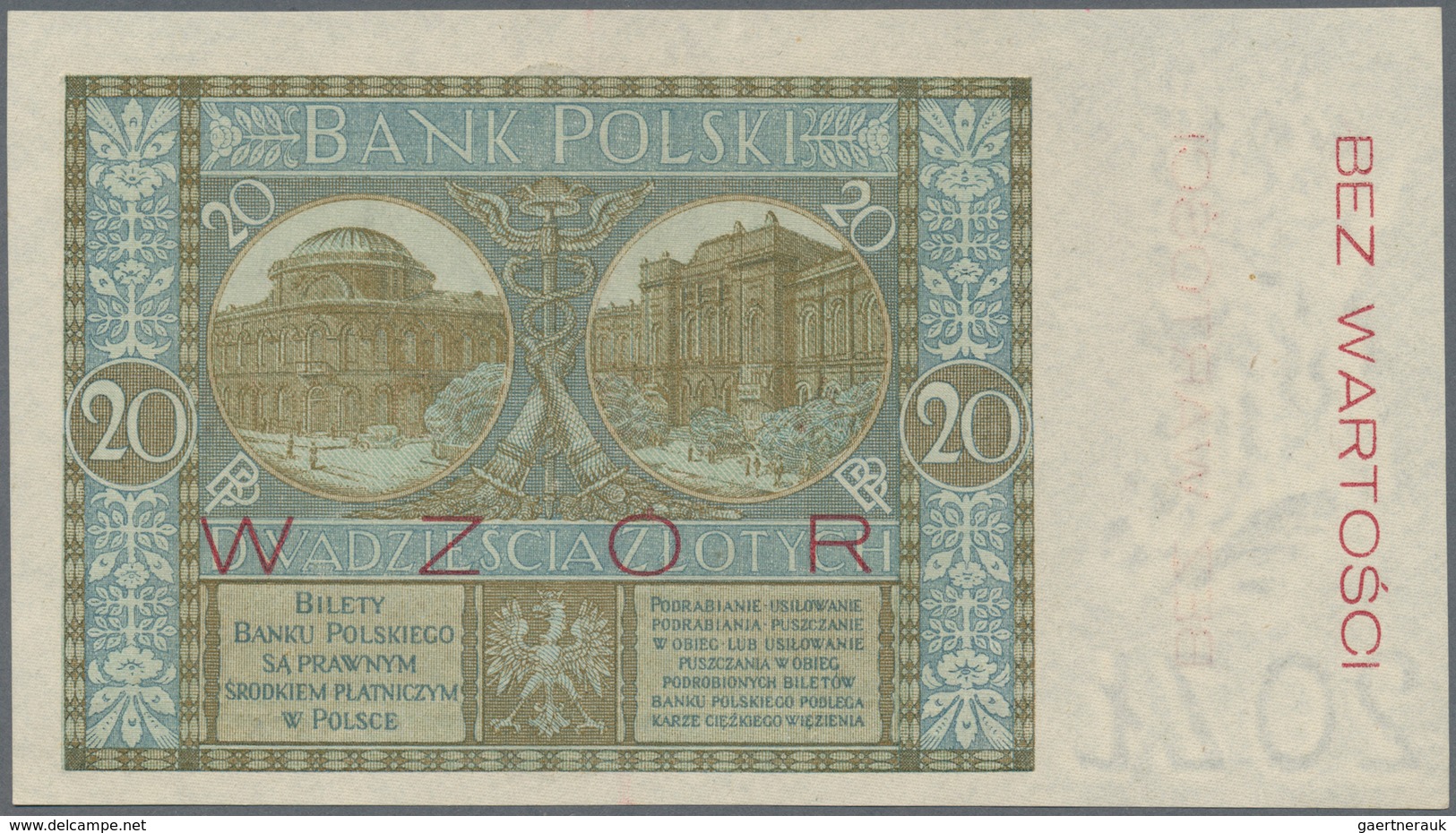 02199 Poland / Polen: 20 Zlotych 1926 SPECIMEN, P.66s With Soft Vertical Bend At Center And Tiny Dint At L - Polonia