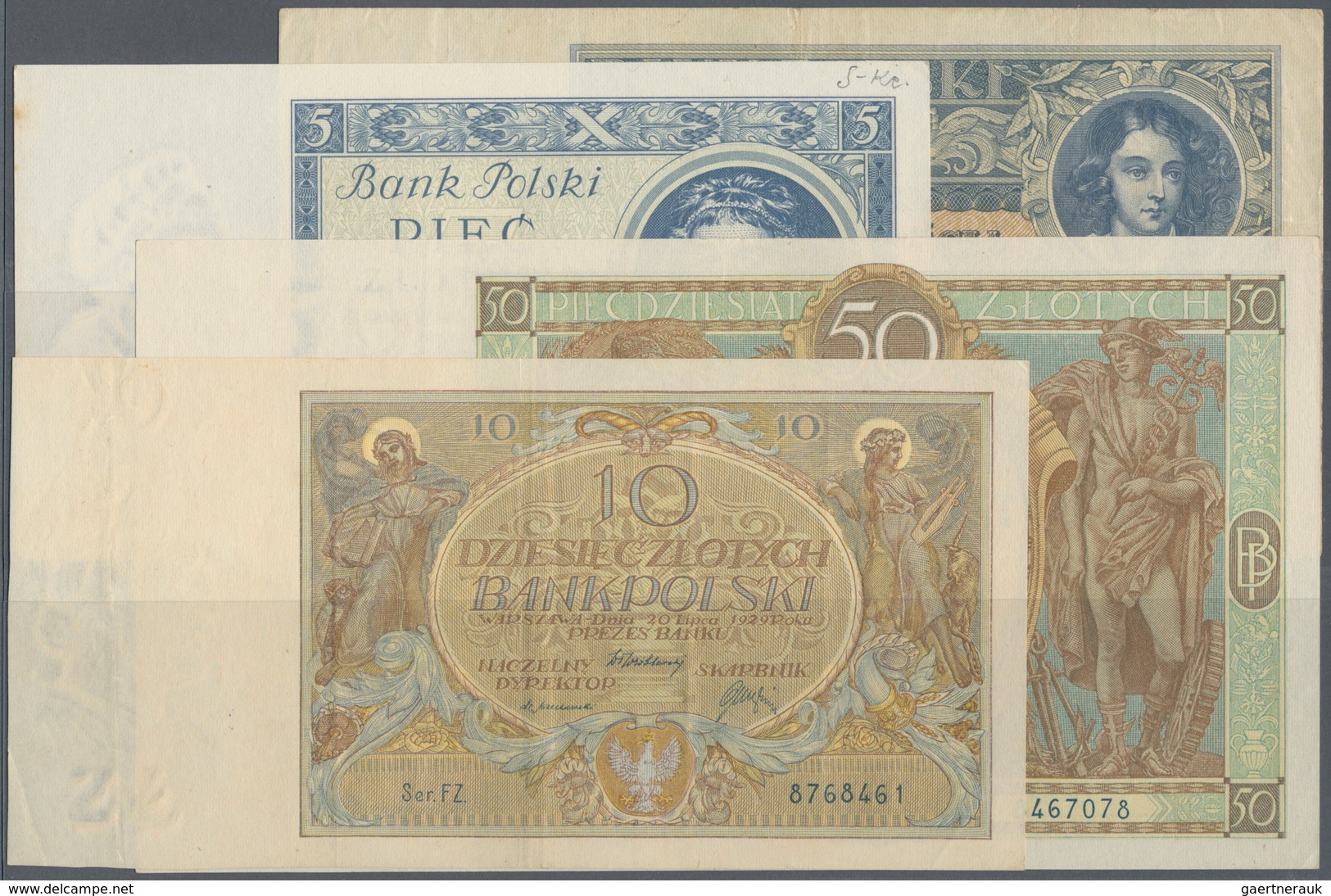 02200 Poland / Polen: Set With 4 Banknotes Comprising 10 Zlotych 1929 P.69 (VF), 50 Zlotych 1929 P.71 (XF+ - Polonia