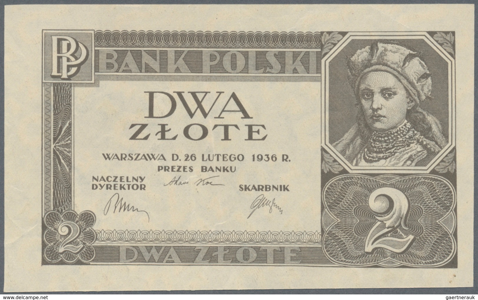 02203 Poland / Polen: 2 Zlote 1936 Without Underprint P.36r, Seldom Offered Note In Great Original Shape W - Polonia