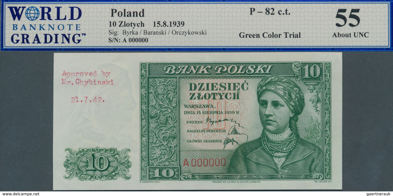 02206 Poland / Polen: 10 Zlotych 1939 Color Trial Specimen, P.82cts, WBG Graded 55 About UNC - Polonia
