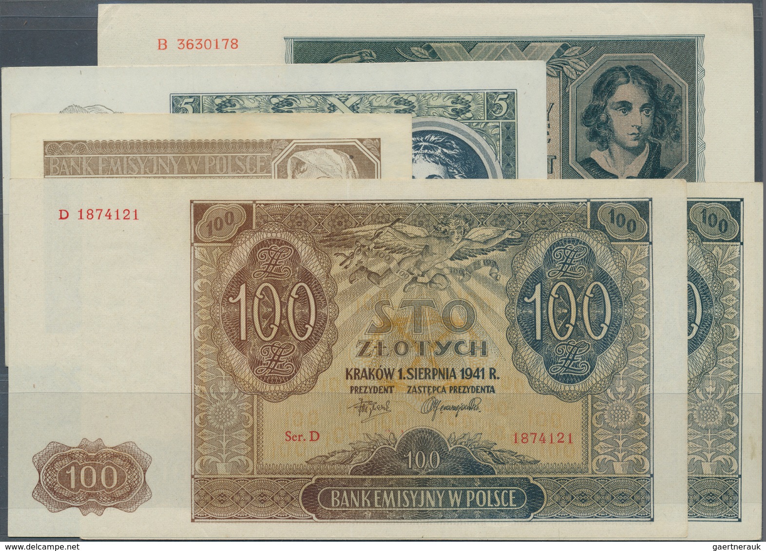 02208 Poland / Polen: Set With 5 Banknotes 1941 Issue, Containing 2, 5, 50 And 2 X 100 Zlotych P.100-103 I - Pologne