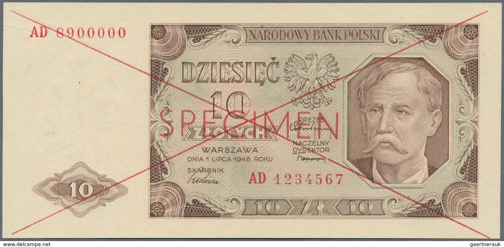 02211 Poland / Polen: 10 Zlotych 1948 SPECIMEN P. 136s, In Condition: UNC. - Polonia