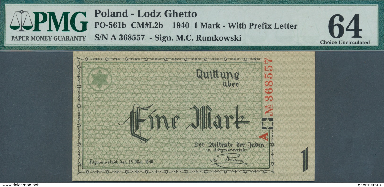 02214 Poland / Polen: Ghetto Lodz 1 Mark 1940 With Prefix Letter, Condition: PMG Graded 64 Choice UNC. - Polonia