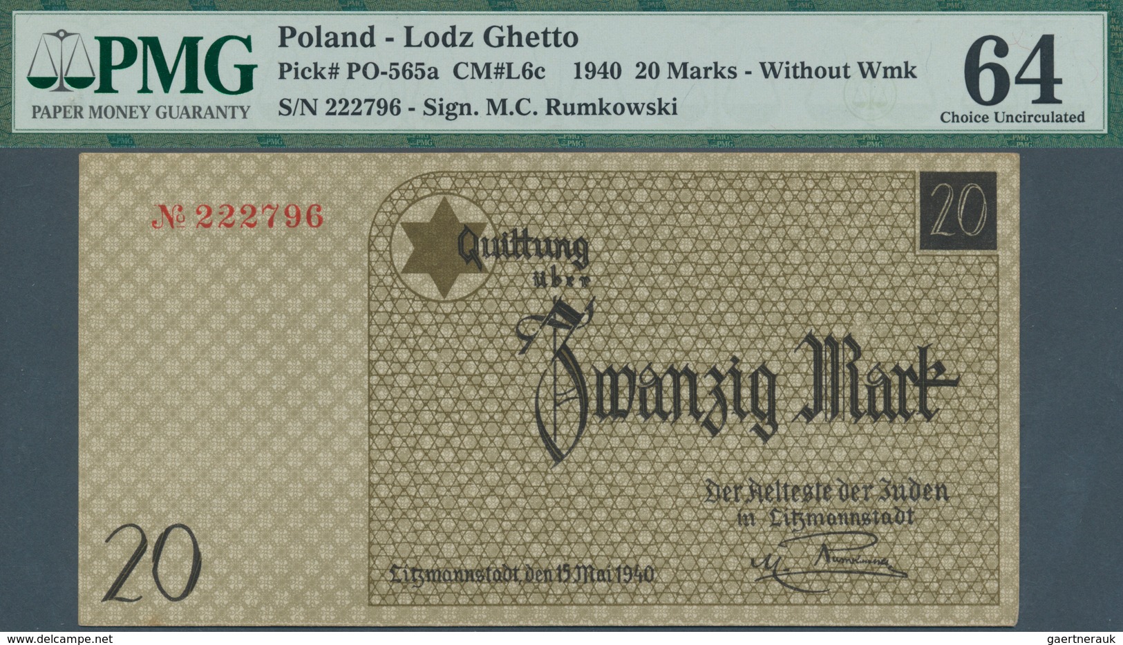02215 Poland / Polen: Ghetto Lodz 20 Mark 1940 W/o WMK., Condition: PMG Graded 64 Choice UNC. - Polonia