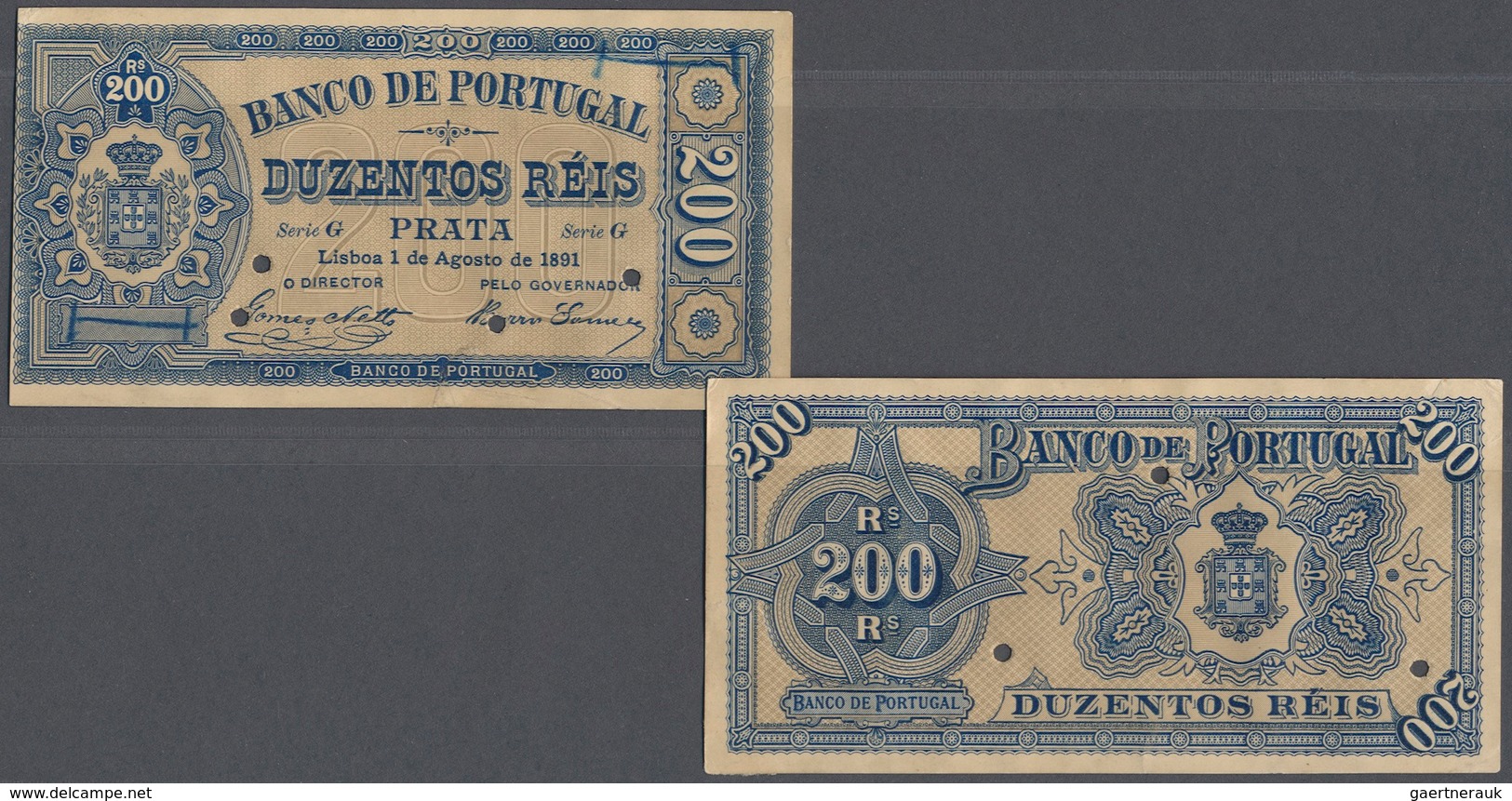 02217 Portugal: 200 Reis 1891 Proof P. 63(p), Consisting Of 2 Pieces, Front And Back Seperatly Printed, Ho - Portogallo