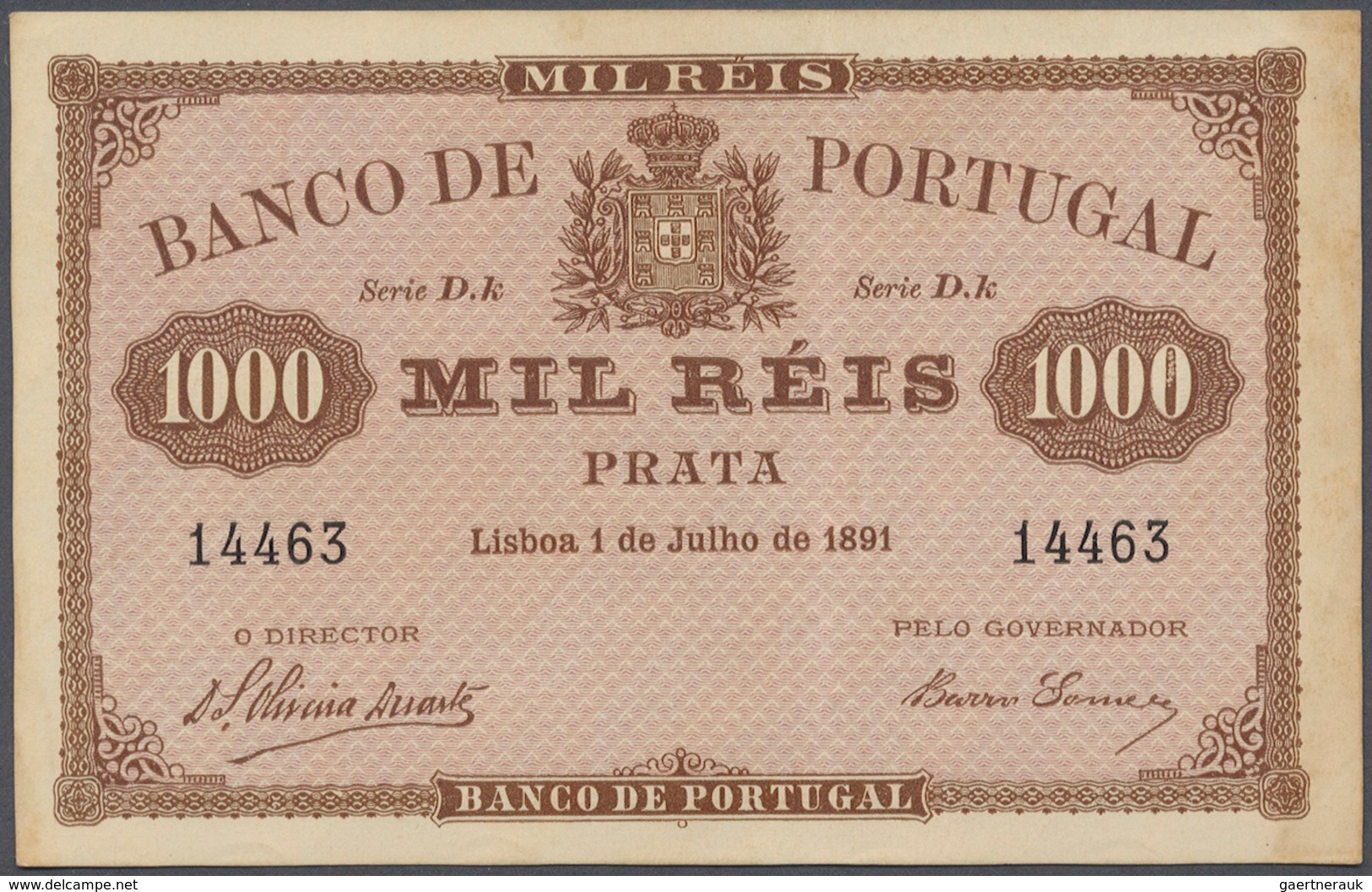 02218 Portugal: 1000 Reis 1891 P. 66, One Vertical Fold, Slight Dints At Upper Right And Lower Left Corner - Portogallo