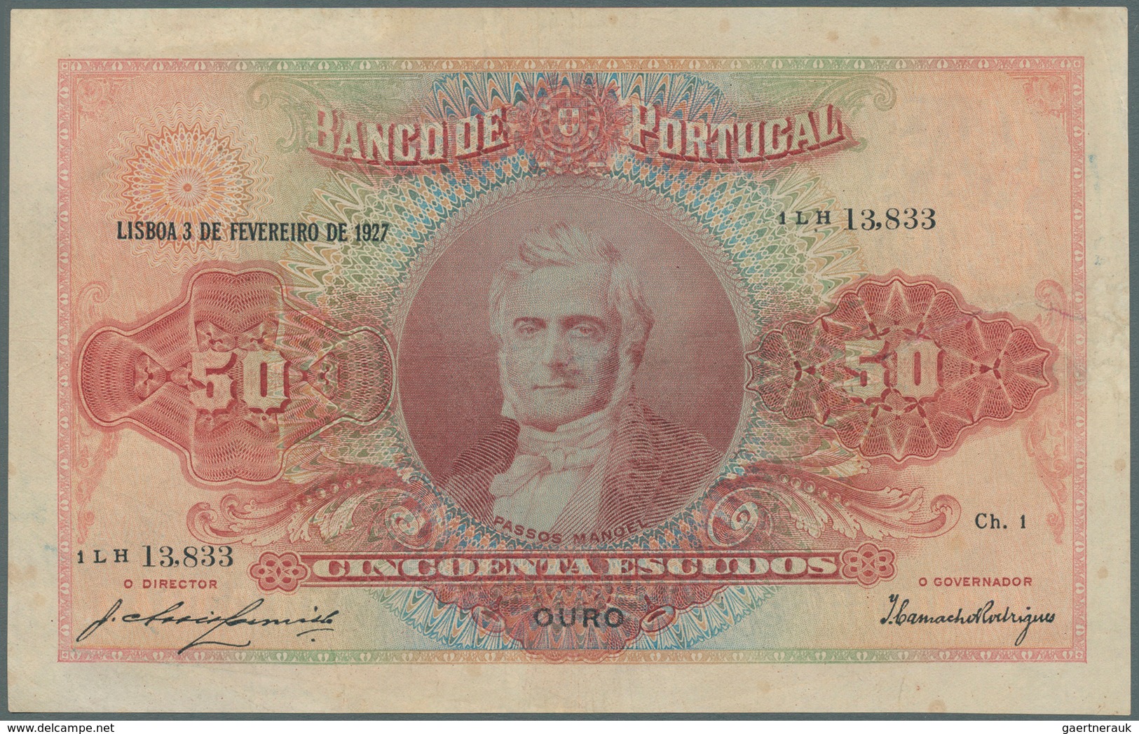 02226 Portugal: 50 Escudos 1927 P. 123, Lightly Stained Paper, Only Light Folds, A Professionally Repaired - Portogallo