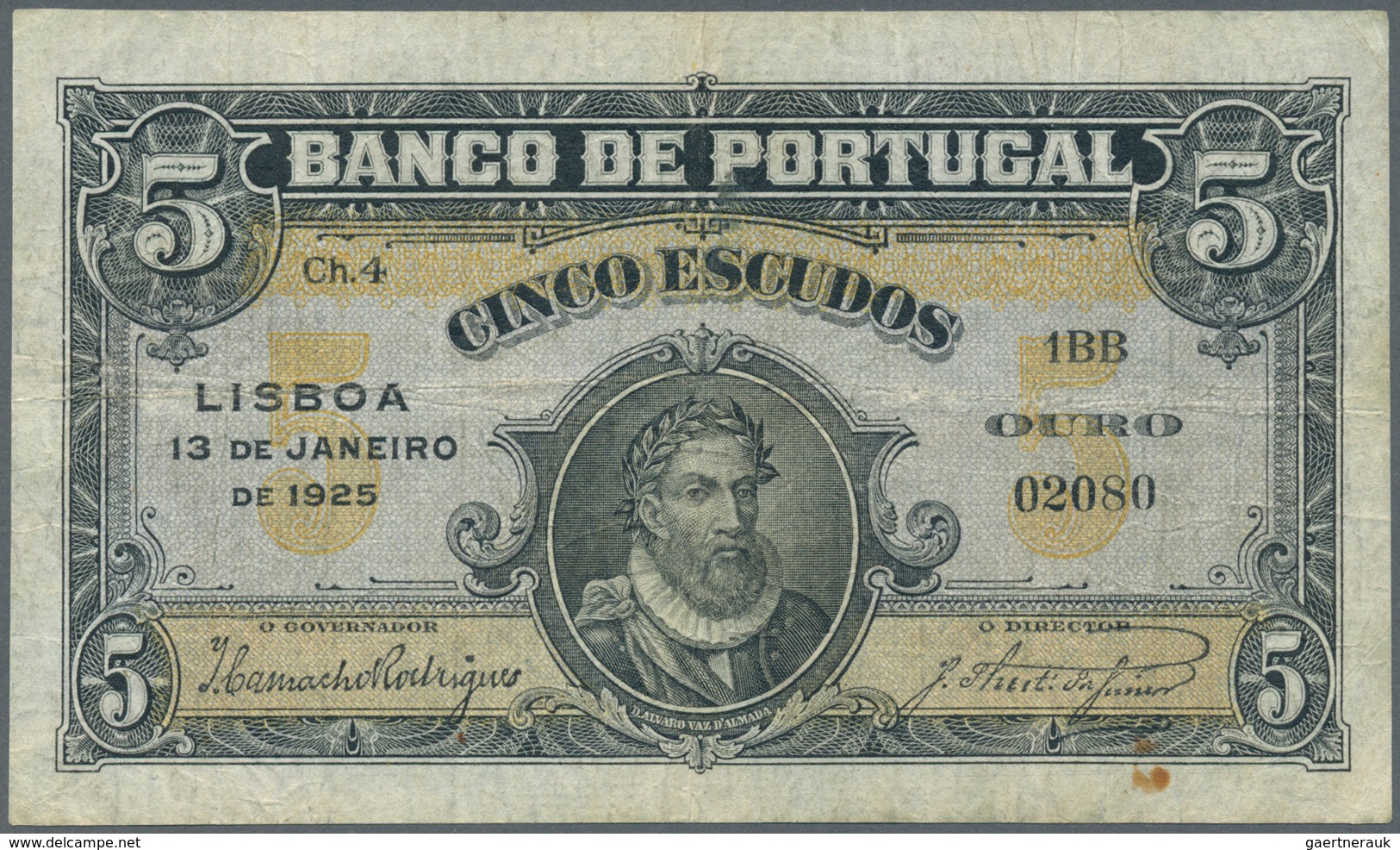 02227 Portugal: 5 Escudos 1925 P. 133, Folds, Stain Dot At Lower Right, No Holes Or Tears, Condition: F. - Portugal