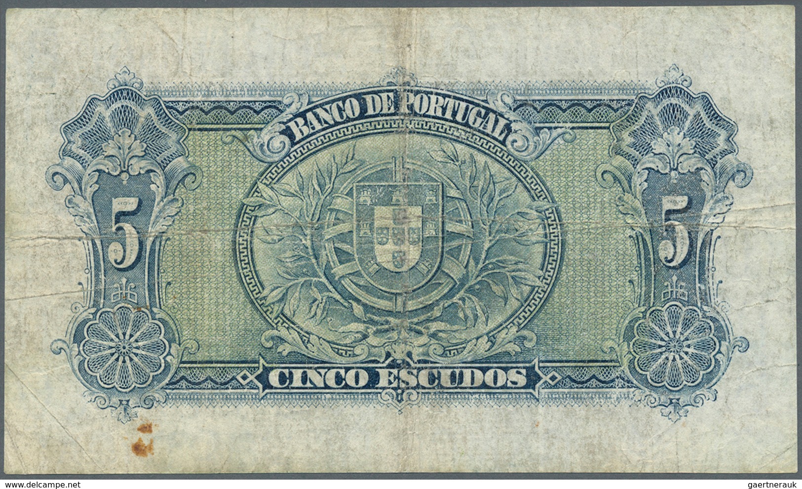 02227 Portugal: 5 Escudos 1925 P. 133, Folds, Stain Dot At Lower Right, No Holes Or Tears, Condition: F. - Portogallo