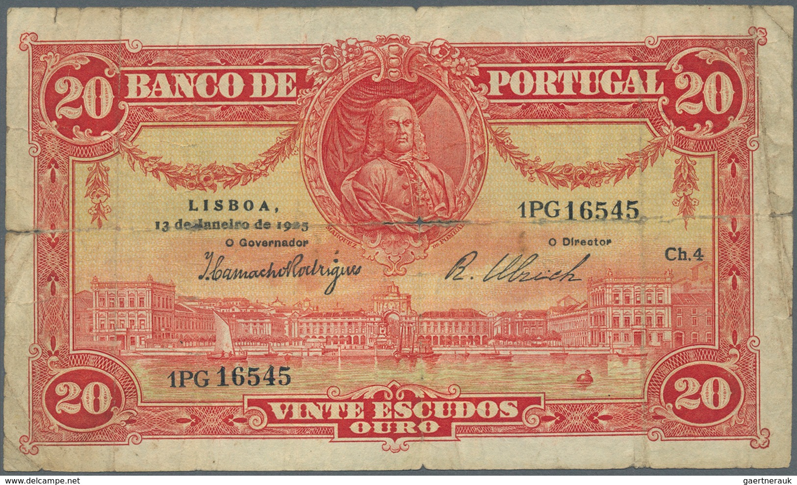 02228 Portugal: 20 Escudos 1925 P. 135, Strong Horizontal Fold, Center Hole, Strong Vertical Fold, Not Rep - Portogallo