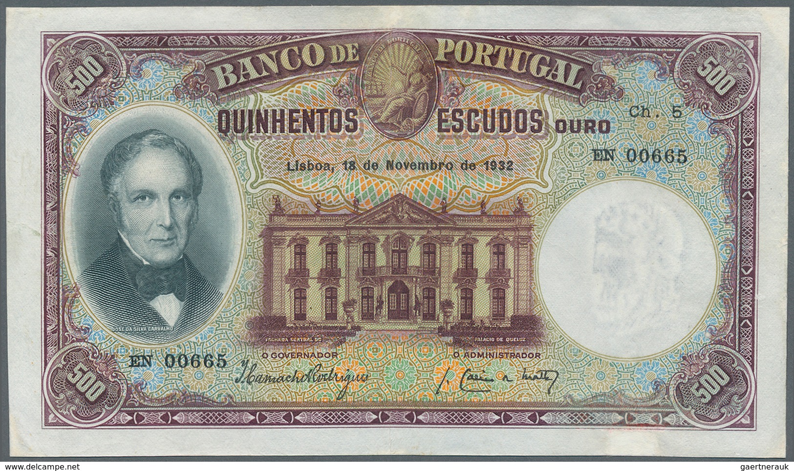 02232 Portugal: 500 Escudos 1932 P. 147, A Real Beauty, Rare As Issued Note, Professionally Repaired At Up - Portogallo