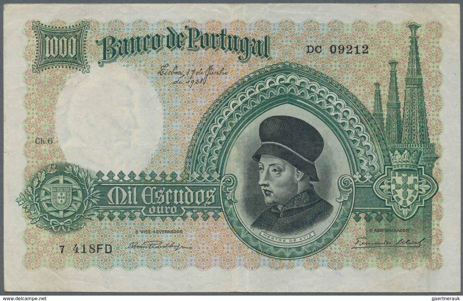 02235 Portugal: 1000 Escudos 1938 P. 152, Center Fold And Horizontal Fold, Light Creasing At Upper Border - Portugal