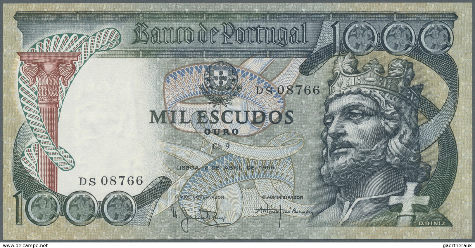 02237 Portugal: 1000 Escudos 1965 P. 171, Middle Folded, Great Crisp Original Condition: Xf. - Portugal