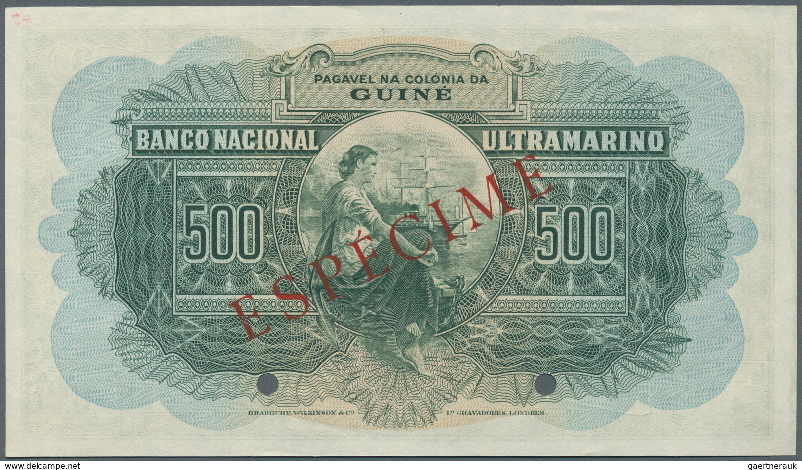 02238 Portuguese Guinea  / Portugiesisch Guinea: 500 Escuods 1947 Specimen P. 36s, 2 Cancellation Holes, W - Guinee