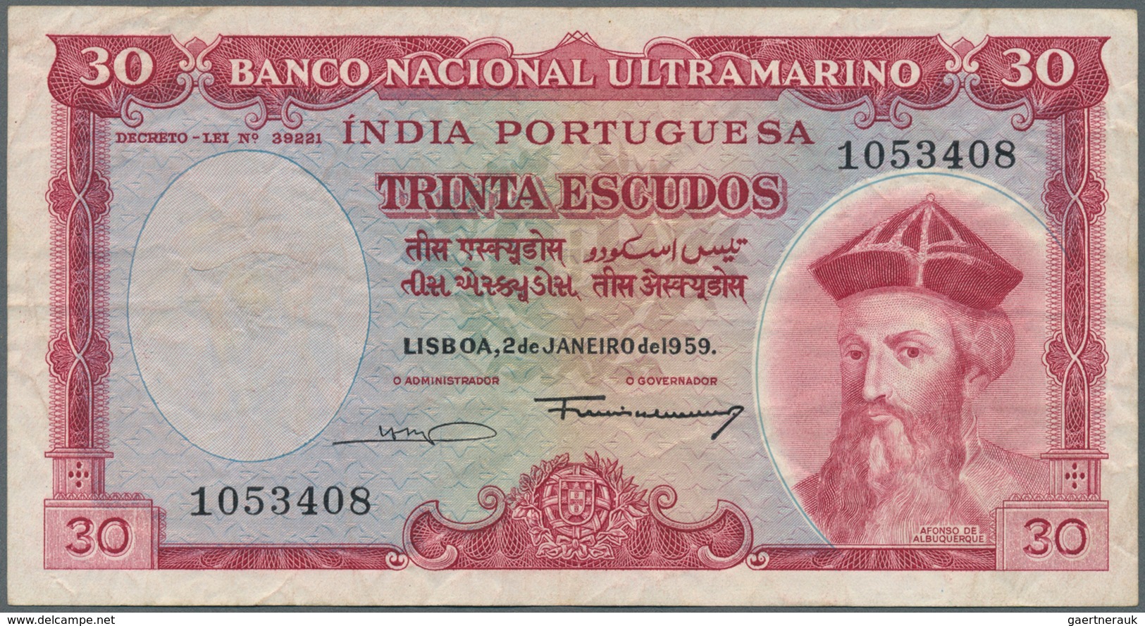 02242 Portuguese India / Portugiesisch Indien: 30 Escudos 1959 P. 41, Uncancelled, Used With Folds And Cre - India