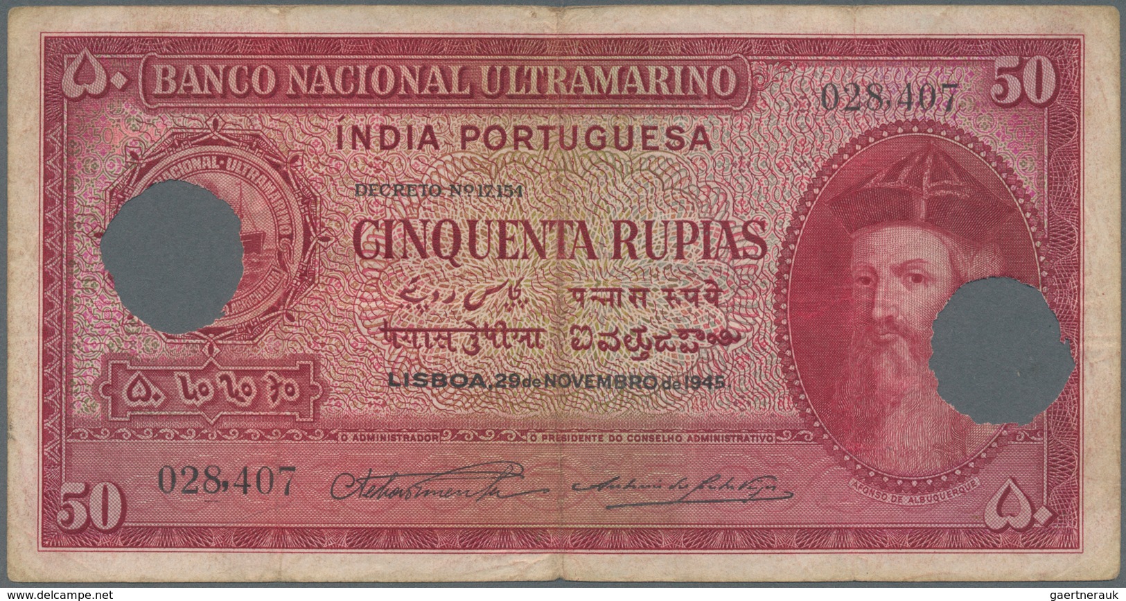 02243 Portuguese India / Portugiesisch Indien: Set With 3 Banknotes 50 Rupias 1945 With Cancellation Holes - India