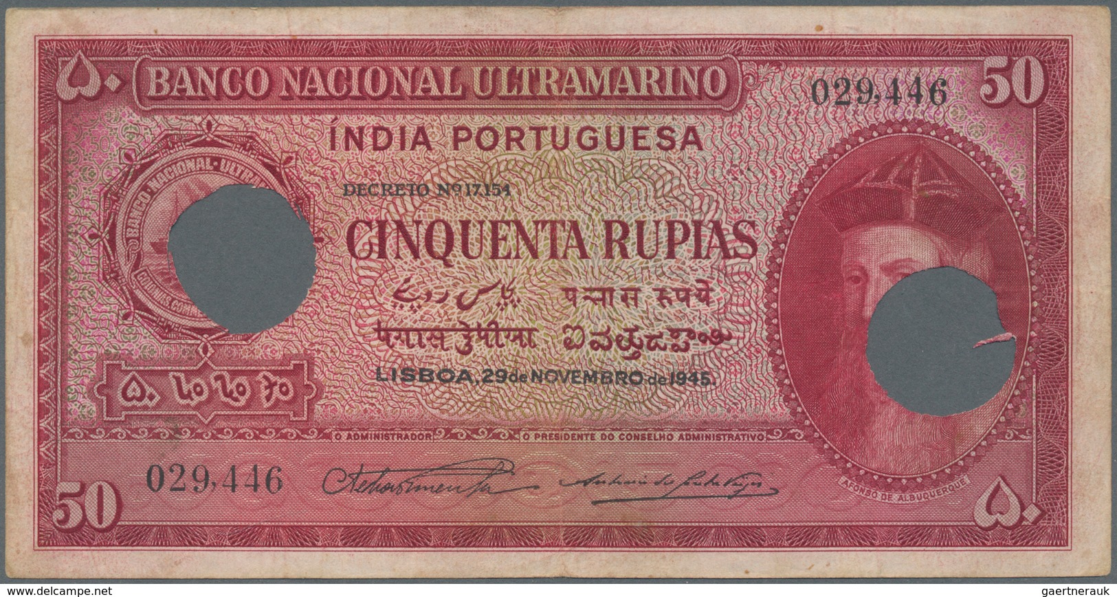 02243 Portuguese India / Portugiesisch Indien: Set With 3 Banknotes 50 Rupias 1945 With Cancellation Holes - India