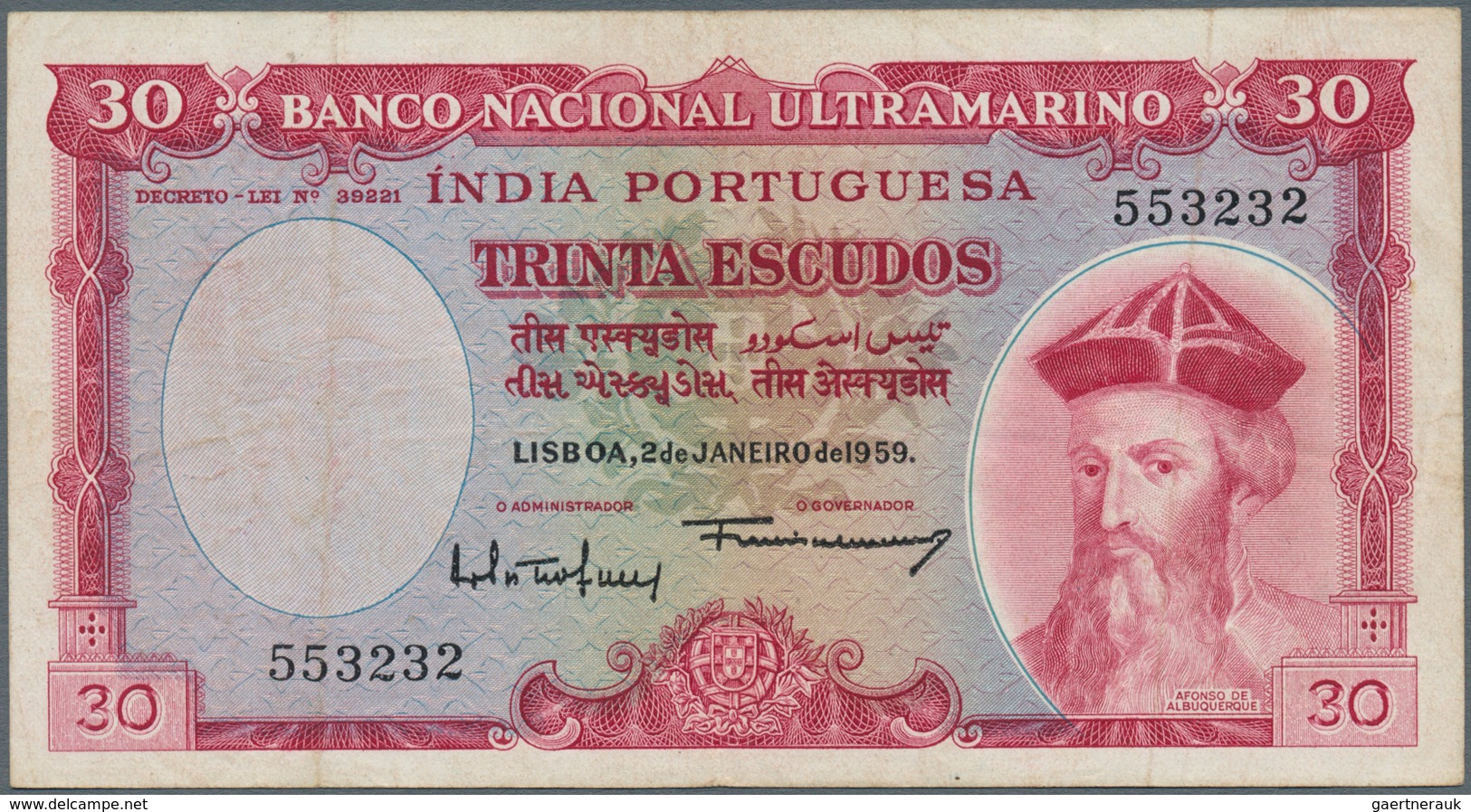 02244 Portuguese India / Portugiesisch Indien: 30 Escudos 1959 P. 41, Used With Folds, Stains A Long Folds - India