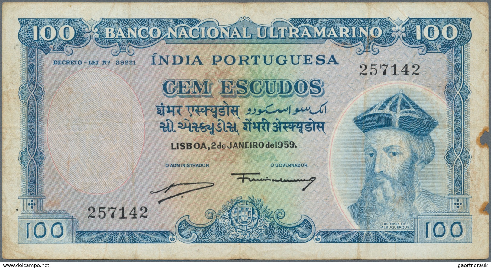 02245 Portuguese India / Portugiesisch Indien: Banco Nacional Ultramarino 100 Escudos 1959, P.43 Without C - Inde