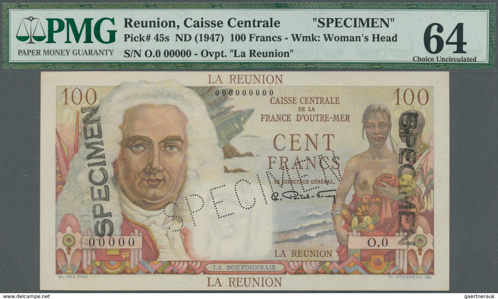 02248 Réunion: 100 Francs ND(1947) Specimen P. 45s In Condition PMG Graded 64 Choice UNC. - Riunione