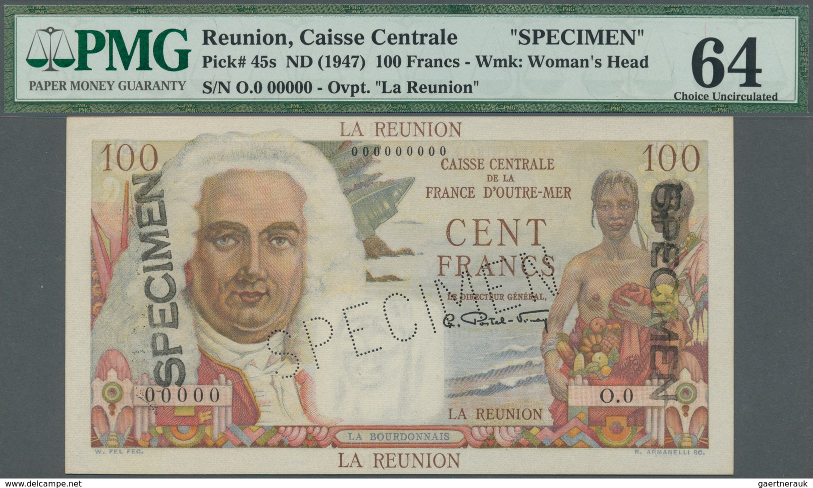 02248 Réunion: 100 Francs ND(1947) Specimen P. 45s In Condition PMG Graded 64 Choice UNC. - Reunión