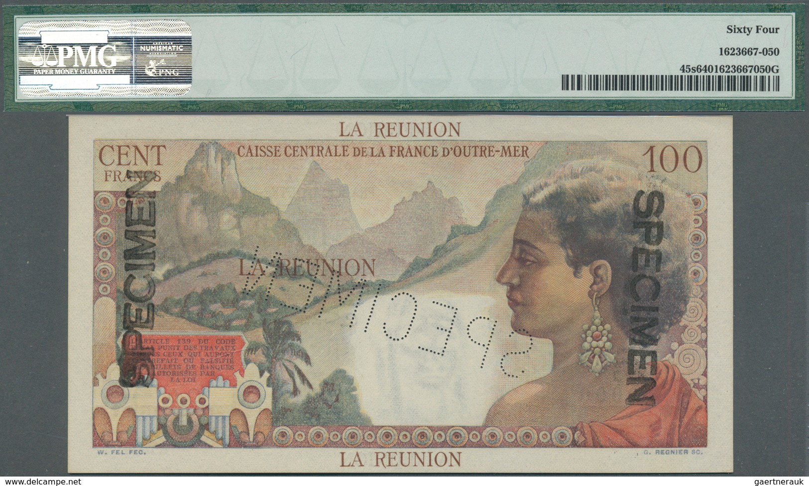 02248 Réunion: 100 Francs ND(1947) Specimen P. 45s In Condition PMG Graded 64 Choice UNC. - Réunion
