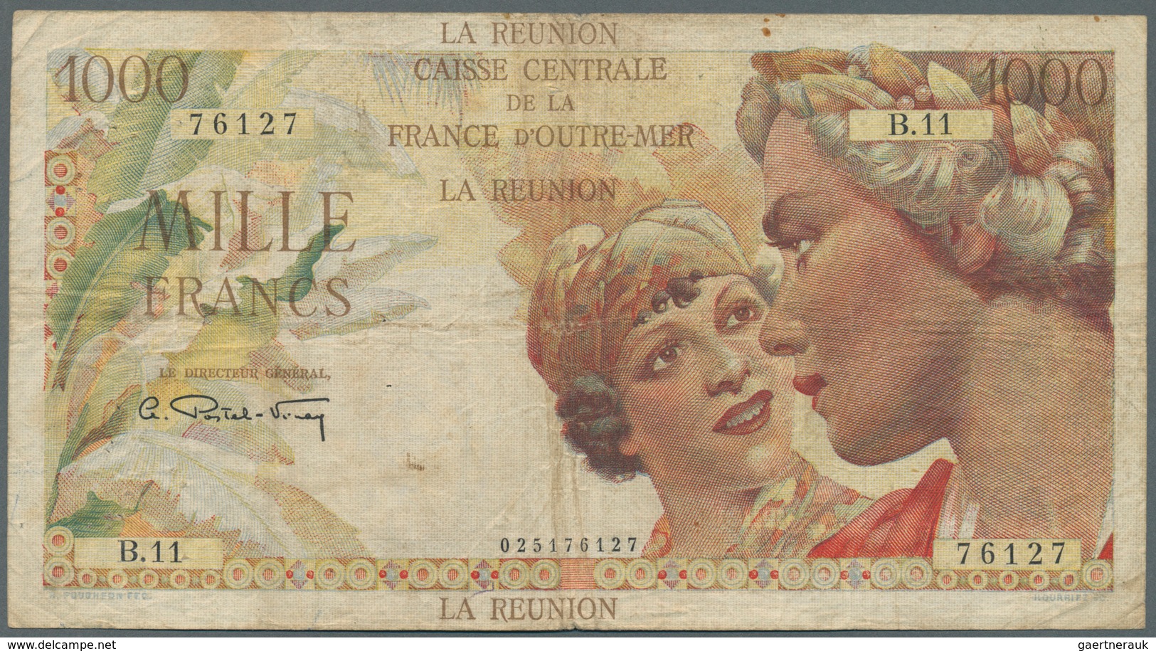 02249 Réunion: 1000 Francs ND(1947) P. 47, Used With Stronger Center Folds, Stained Paper, A Few Pinholes - Reunion