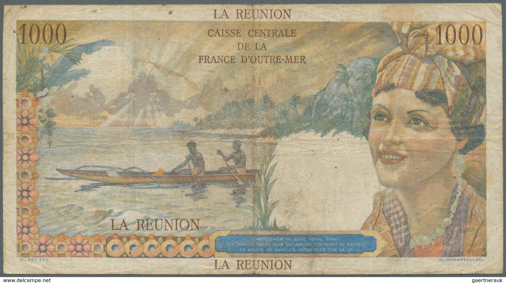 02249 Réunion: 1000 Francs ND(1947) P. 47, Used With Stronger Center Folds, Stained Paper, A Few Pinholes - Reunion