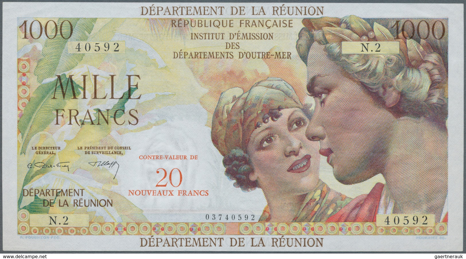 02250 Réunion: 20 NF On 1000 Francs ND(1960) P. 55, Only A Light Center Bend And Minor Corner Folding, Cri - Réunion