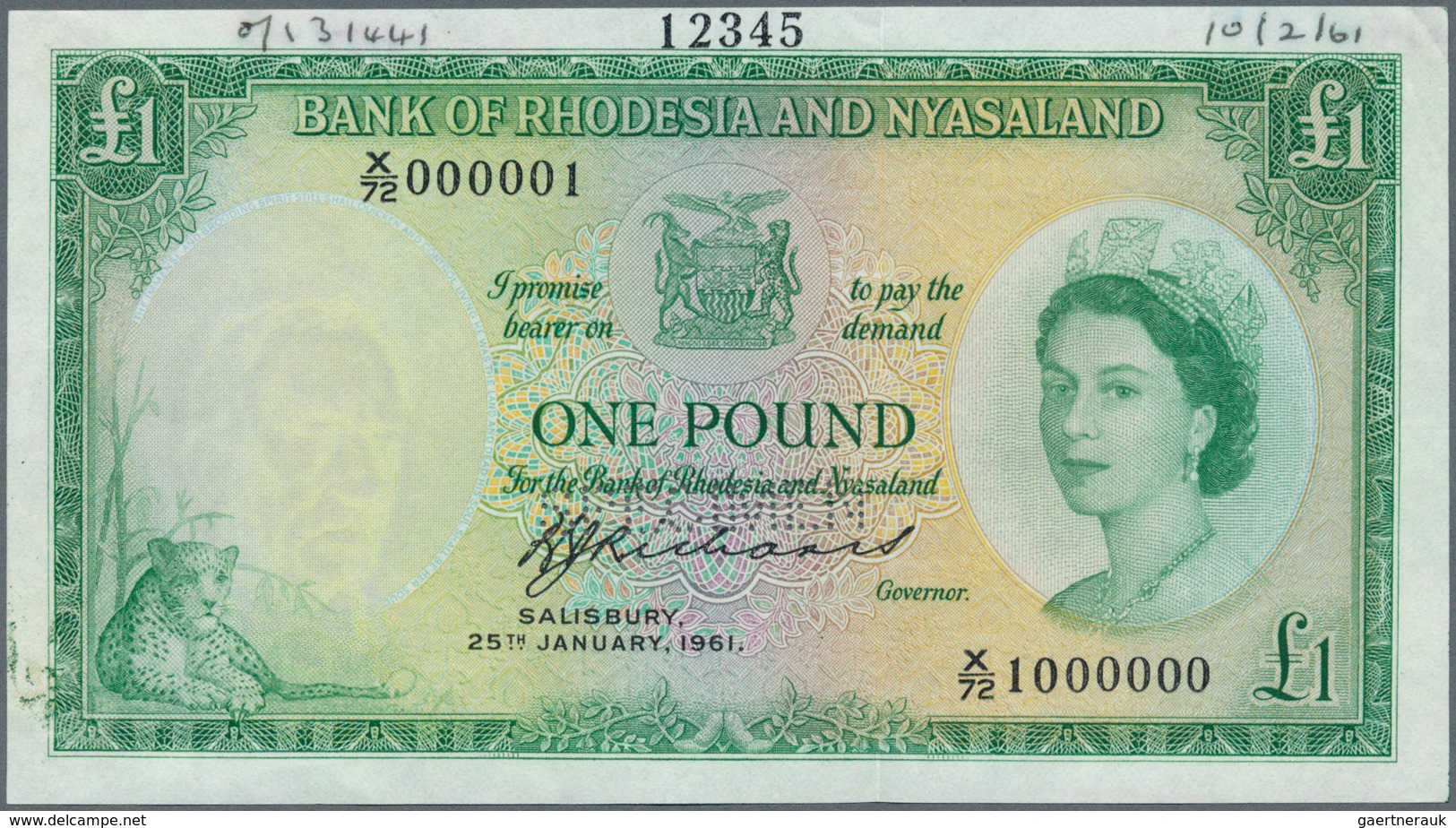 02251 Rhodesia & Nyasaland: 1 Pound January 25th 1961 SPECIMEN, P.21bs With Perforation Specimen At Lower - Rhodesien