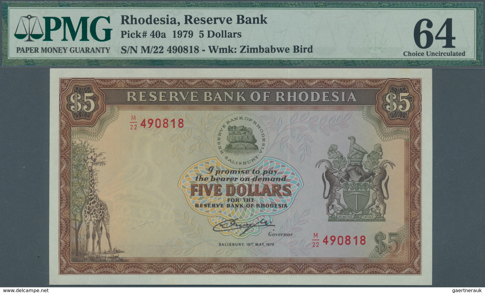 02253 Rhodesia / Rhodesien: Set Of 2 CONSECUTIVE Banknotes 5 Dollars 1979 P. 40a Both PMG Graded, 64 Choic - Rhodesia