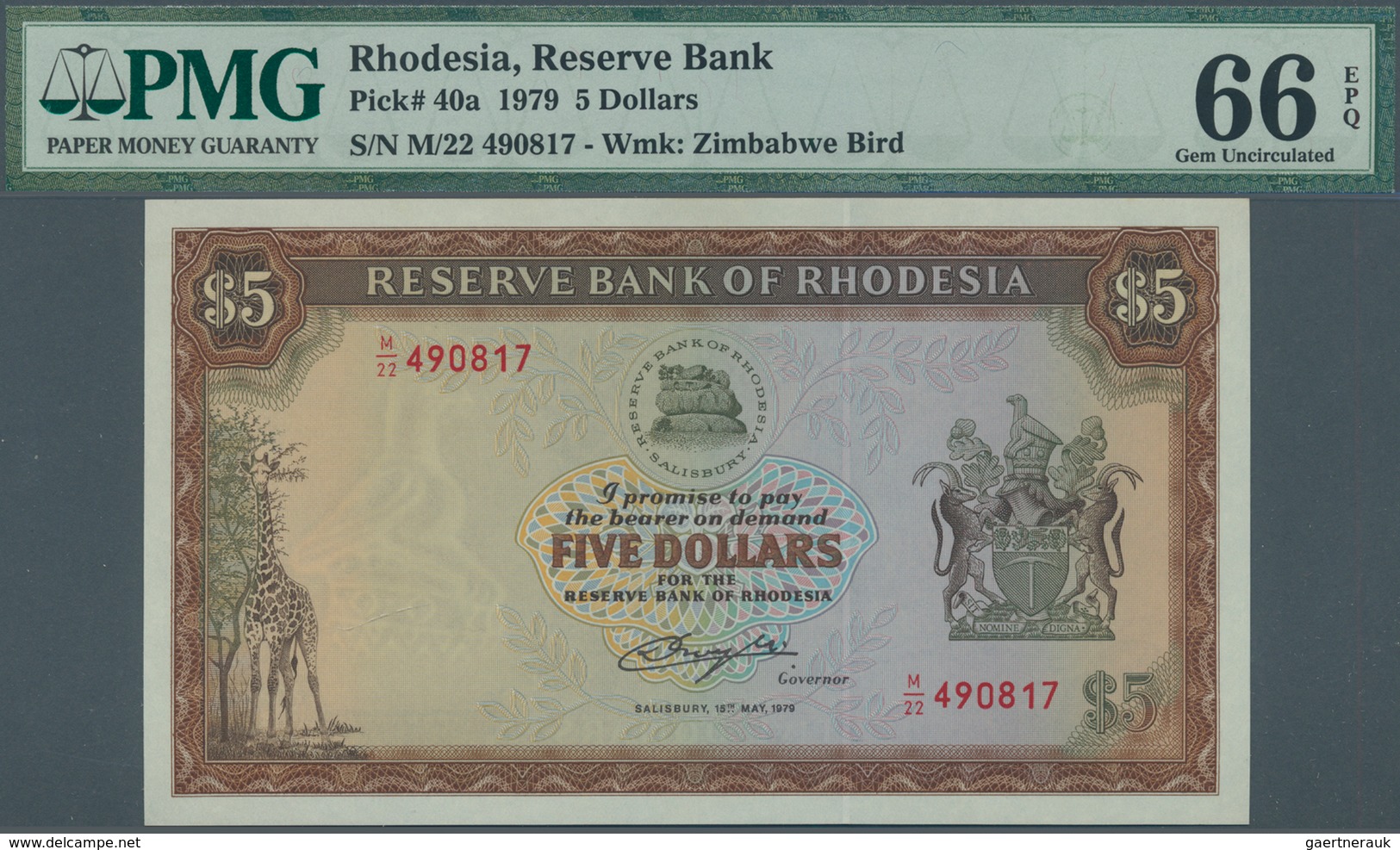 02253 Rhodesia / Rhodesien: Set Of 2 CONSECUTIVE Banknotes 5 Dollars 1979 P. 40a Both PMG Graded, 64 Choic - Rhodesië