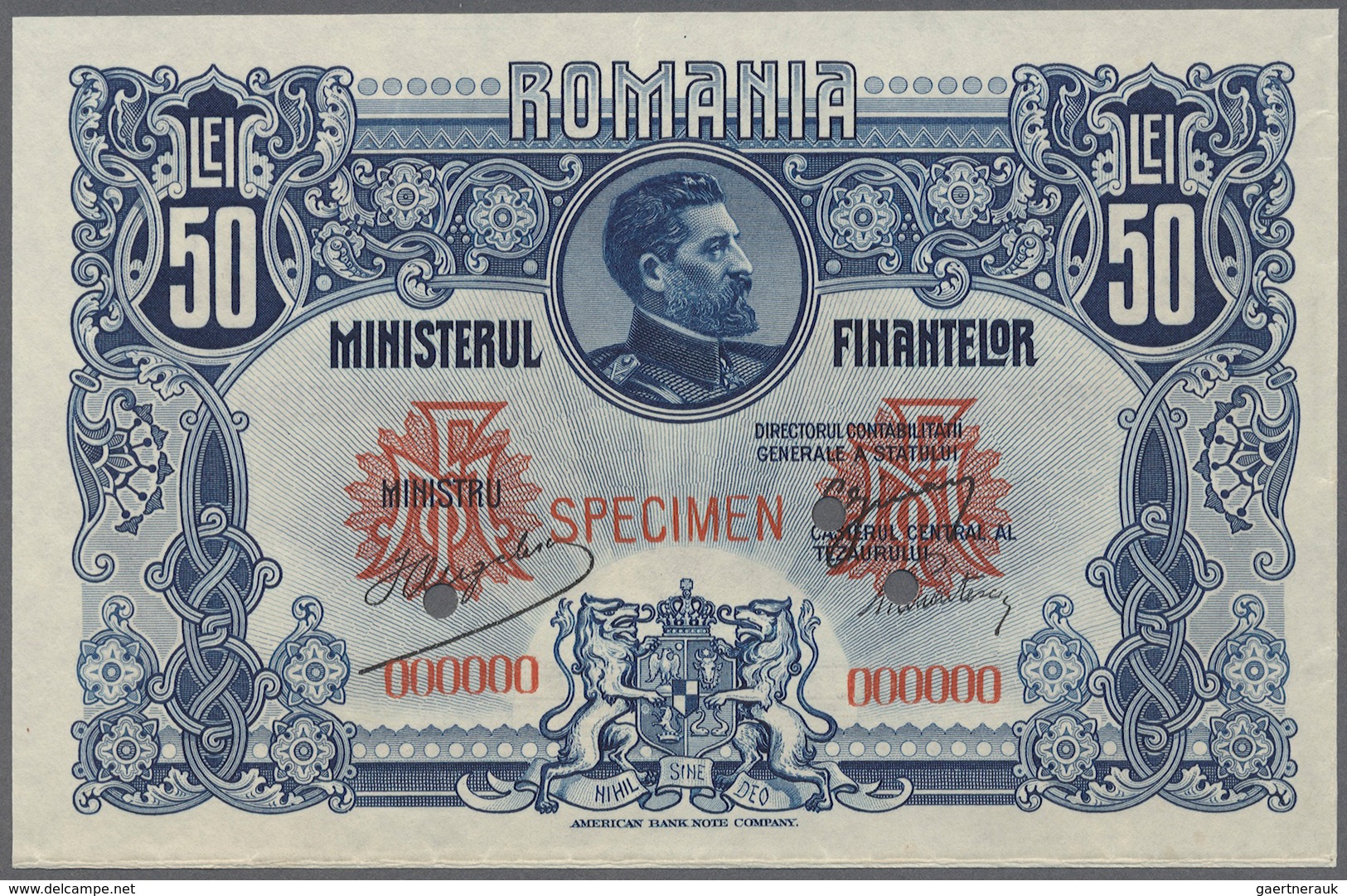 02255 Romania / Rumänien: 50 Lei ND(1920) Specimen P. 73s, A Fold Directly Along The Lower And Right Borde - Rumania