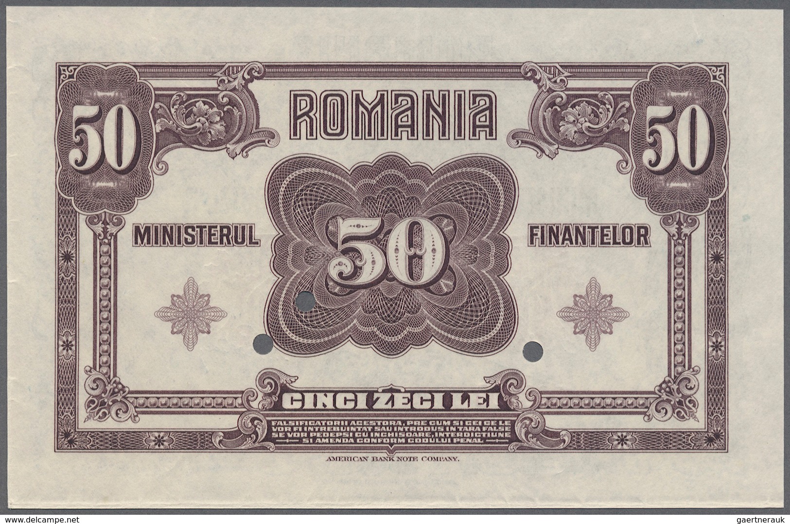 02255 Romania / Rumänien: 50 Lei ND(1920) Specimen P. 73s, A Fold Directly Along The Lower And Right Borde - Roemenië