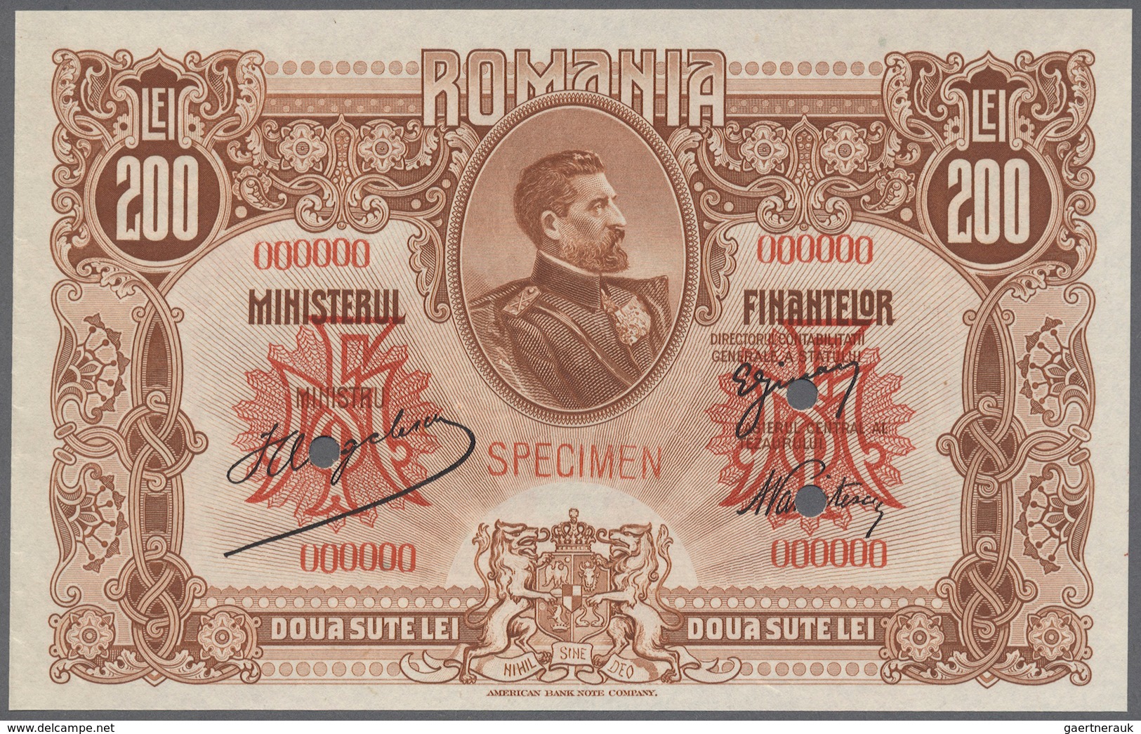 02256 Romania / Rumänien: 200 Lei ND(1920) Specimen P. 74s, Light Creases At Left Border, Condition: AUNC. - Rumania