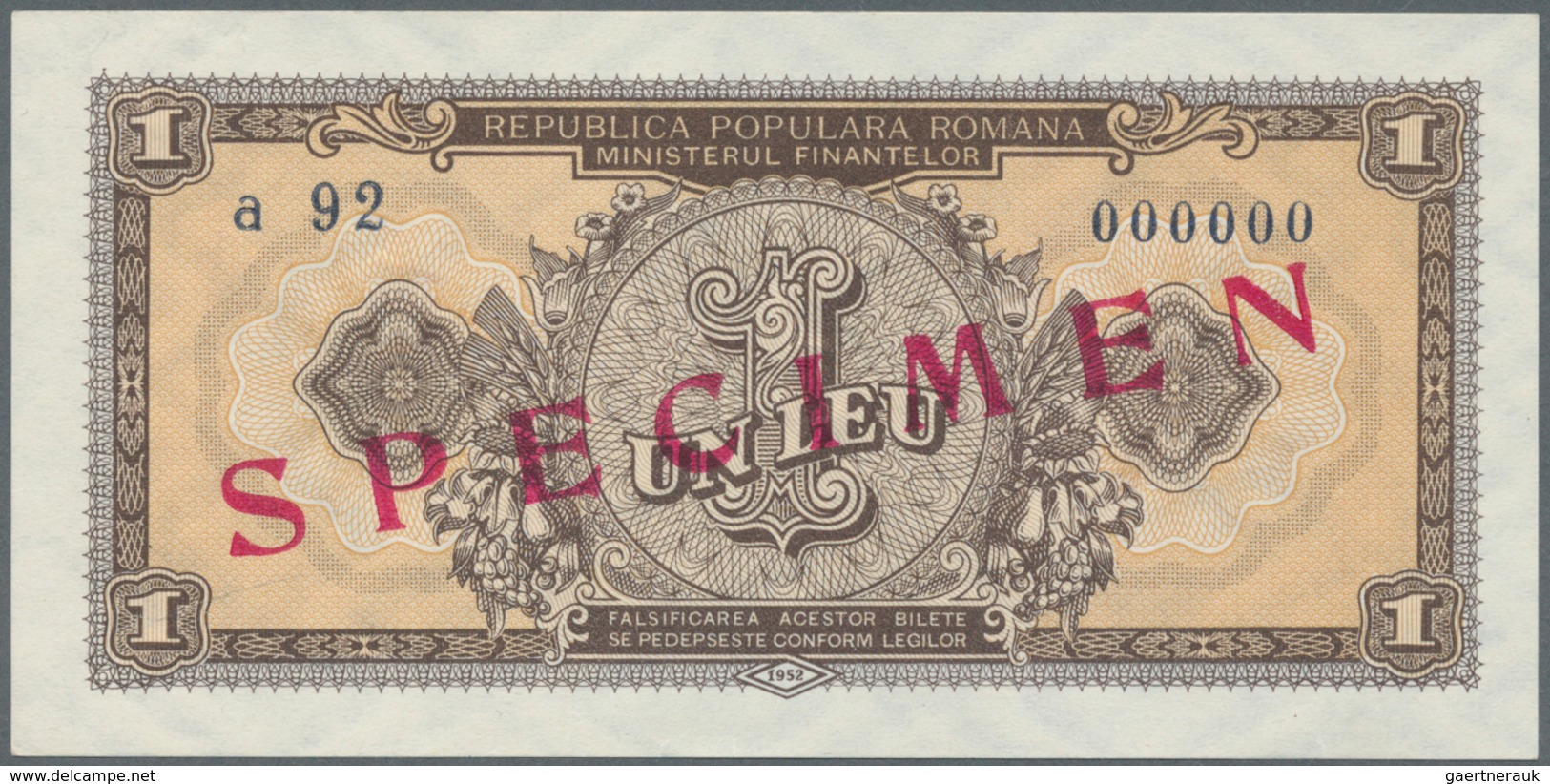 02257 Romania / Rumänien: 1 Leu 1952 SPECIMEN P. 81s In Condition: UNC. - Roemenië