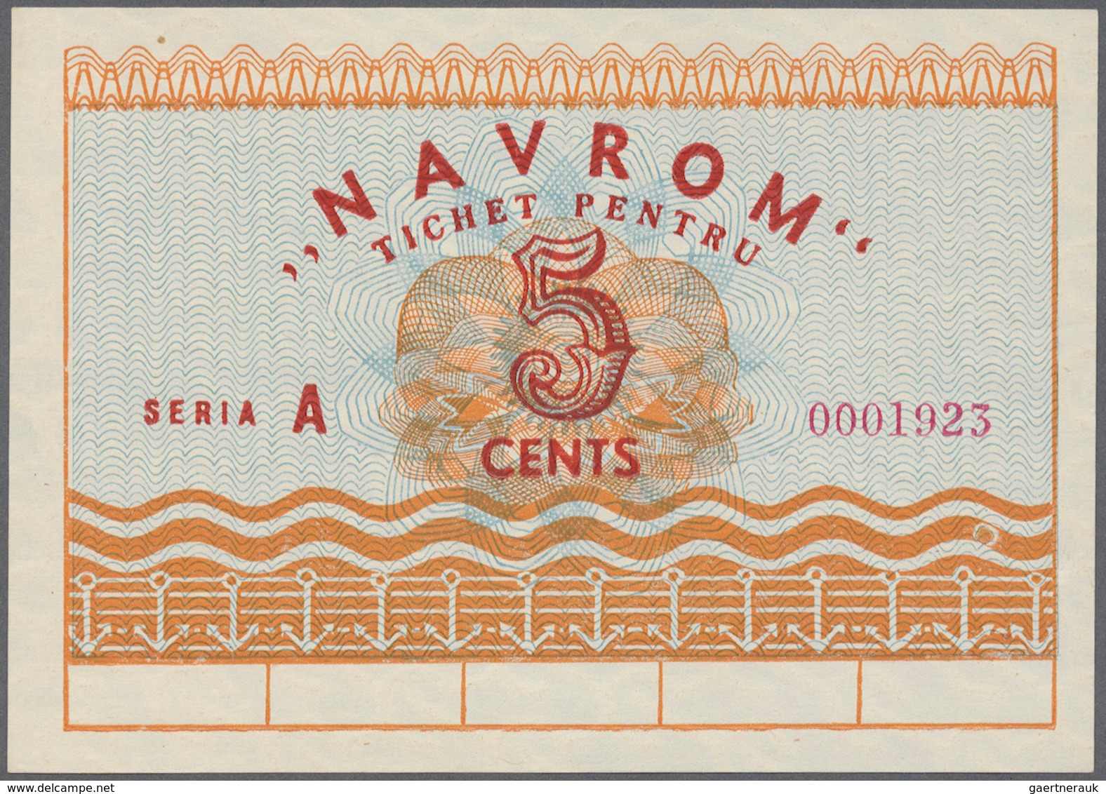 02261 Romania / Rumänien: 5 Cents Navrom Serie A ND, P. NL., In Condition: UNC. - Roemenië