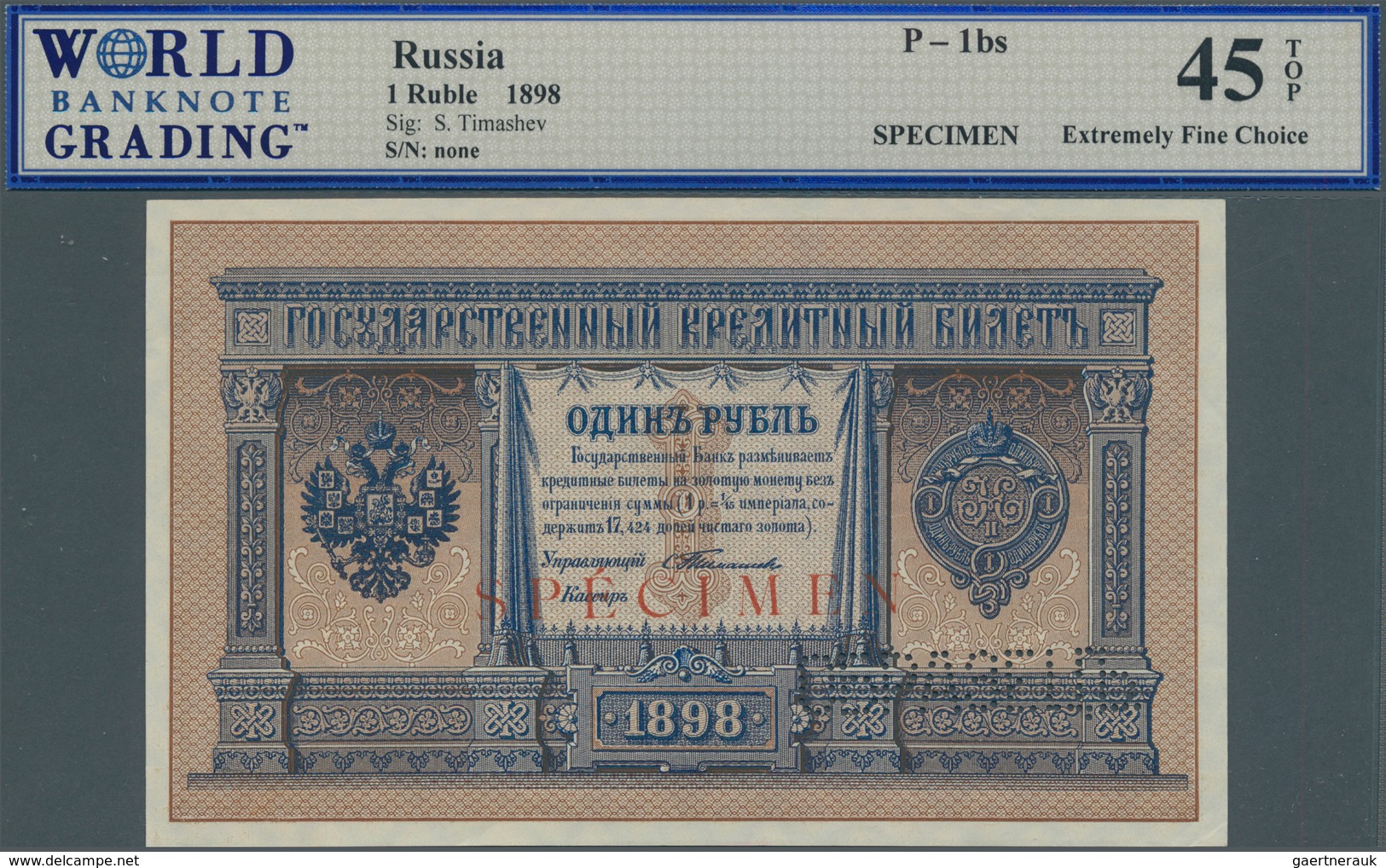 02265 Russia / Russland: 1 Ruble 1898, Sign. Timashev SPECIMEN, P.1bs, WBG Graded 45 Extremely Fine Choice - Rusia