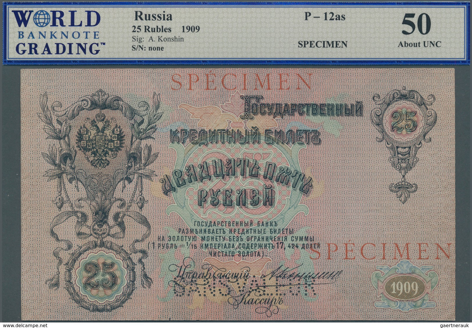 02266 Russia / Russland: 25 Rubles 1909, Sign. Konshin SPECIMEN, P.12as, WBG Graded 50 About UNC - Rusia