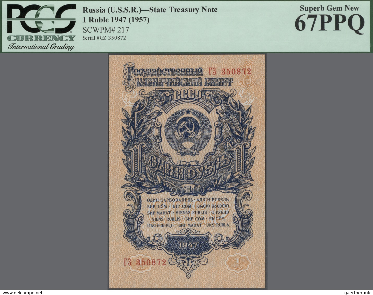 02270 Russia / Russland: Set With 5 Banknotes 1 Ruble 1947 (1957) P.217 PCGS 67, 3 Rubles 1947 P.218 PCGS - Rusland