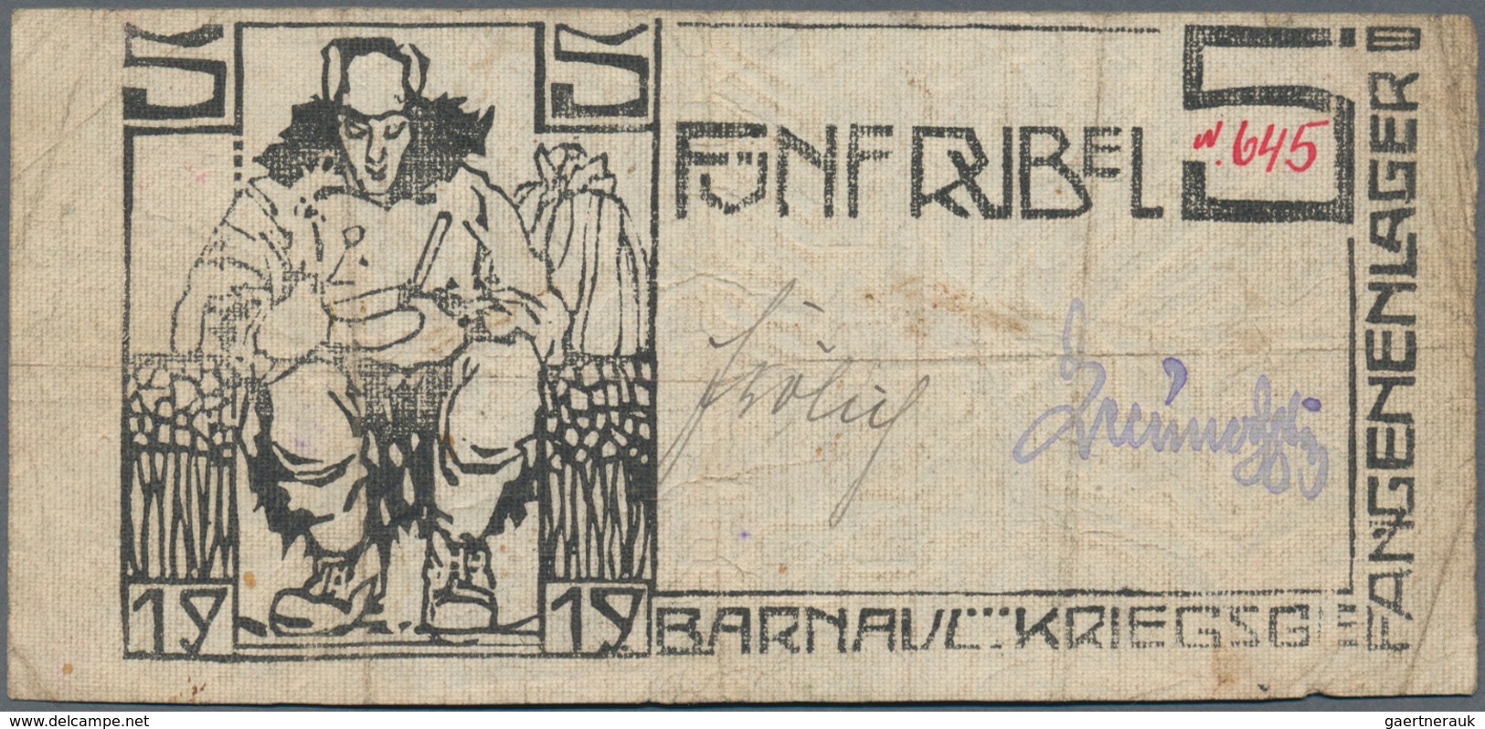 02279 Russia / Russland: Barnaul POW Camp Voucher For 5 Rubles 1919, P.NL, Extraordinary Rare Note With Se - Russia