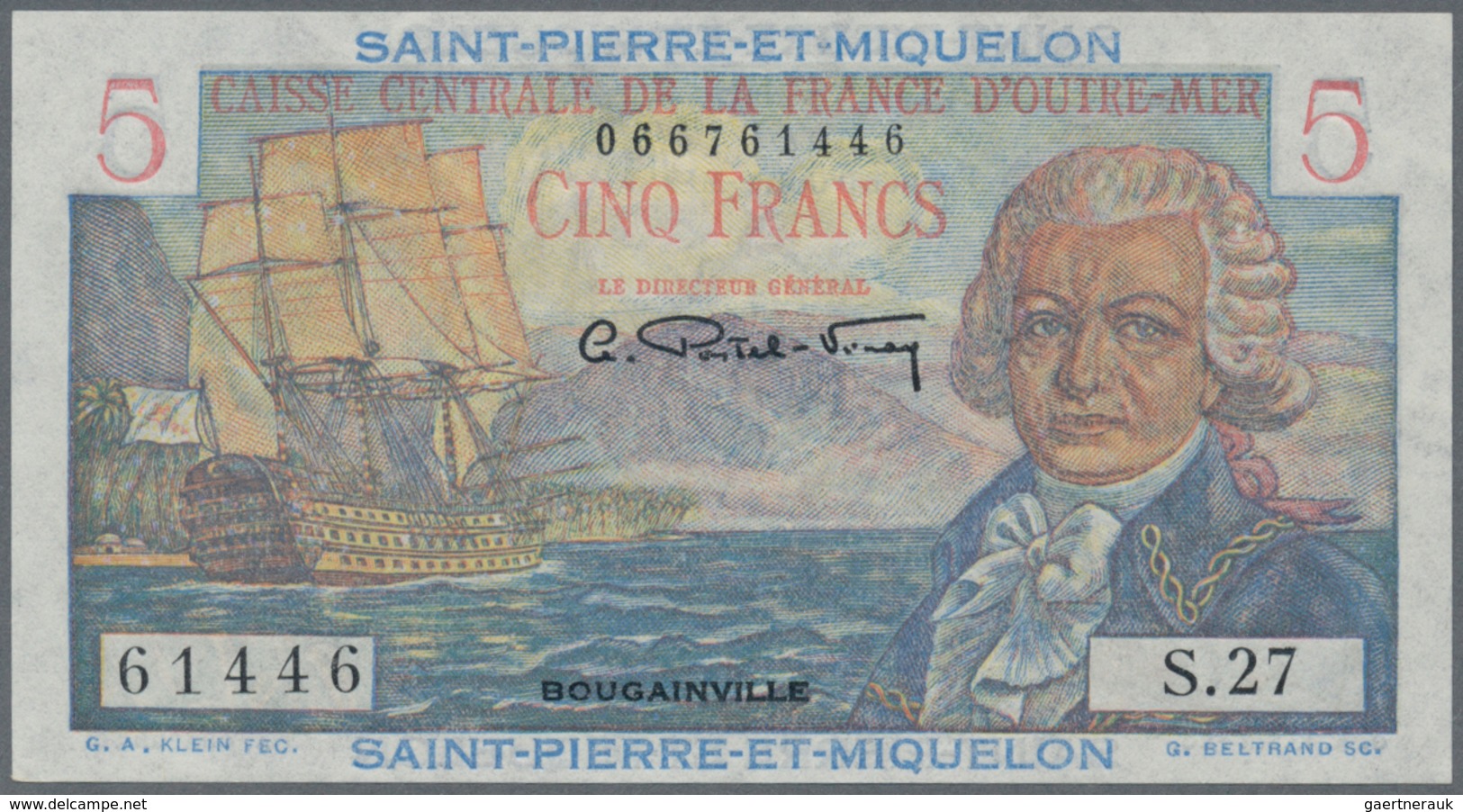 02289 Saint Pierre & Miquelon: 5 Francs ND(1950), P.22, Tiny Dint At Lower Left, Otherwise Perfect. Condit - Altri & Non Classificati