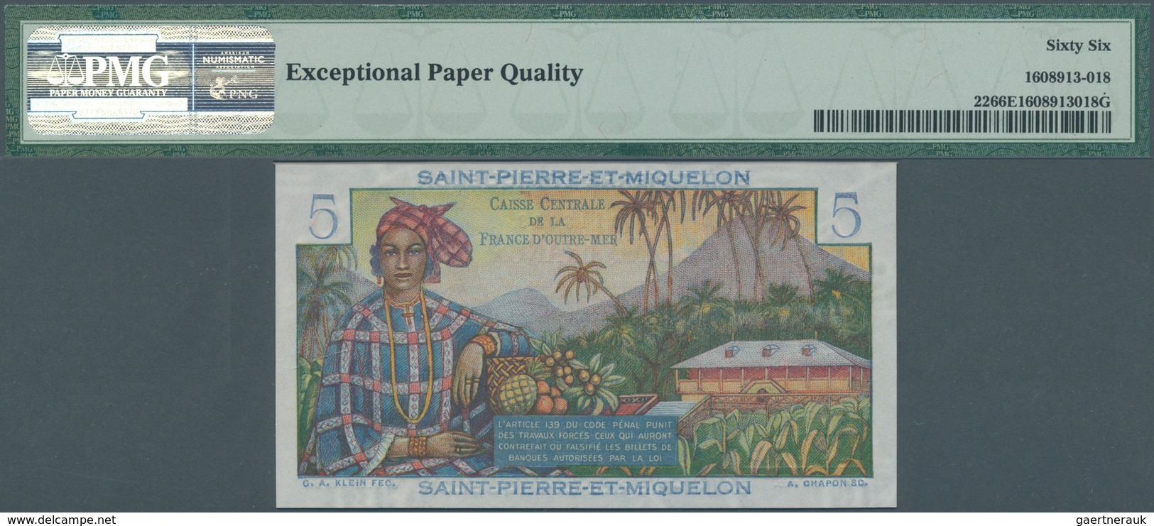 02290 Saint Pierre & Miquelon: 5 Francs ND(1950-60) P. 22 In Condition: PMG Graded 66 GEM UNC EPQ. - Altri & Non Classificati