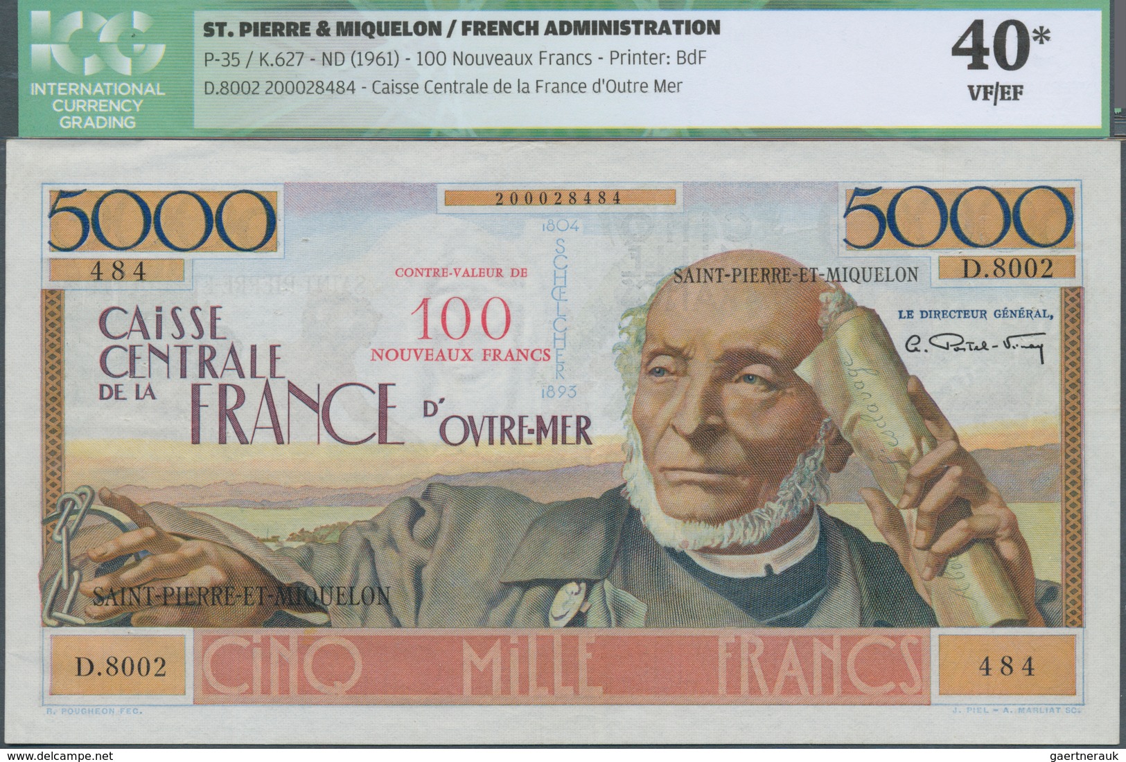 02291 Saint Pierre & Miquelon: 100 NF On 5000 Francs ND(1961) P. 35, Condition: ICG Graded 40* VF/EF. - Other & Unclassified