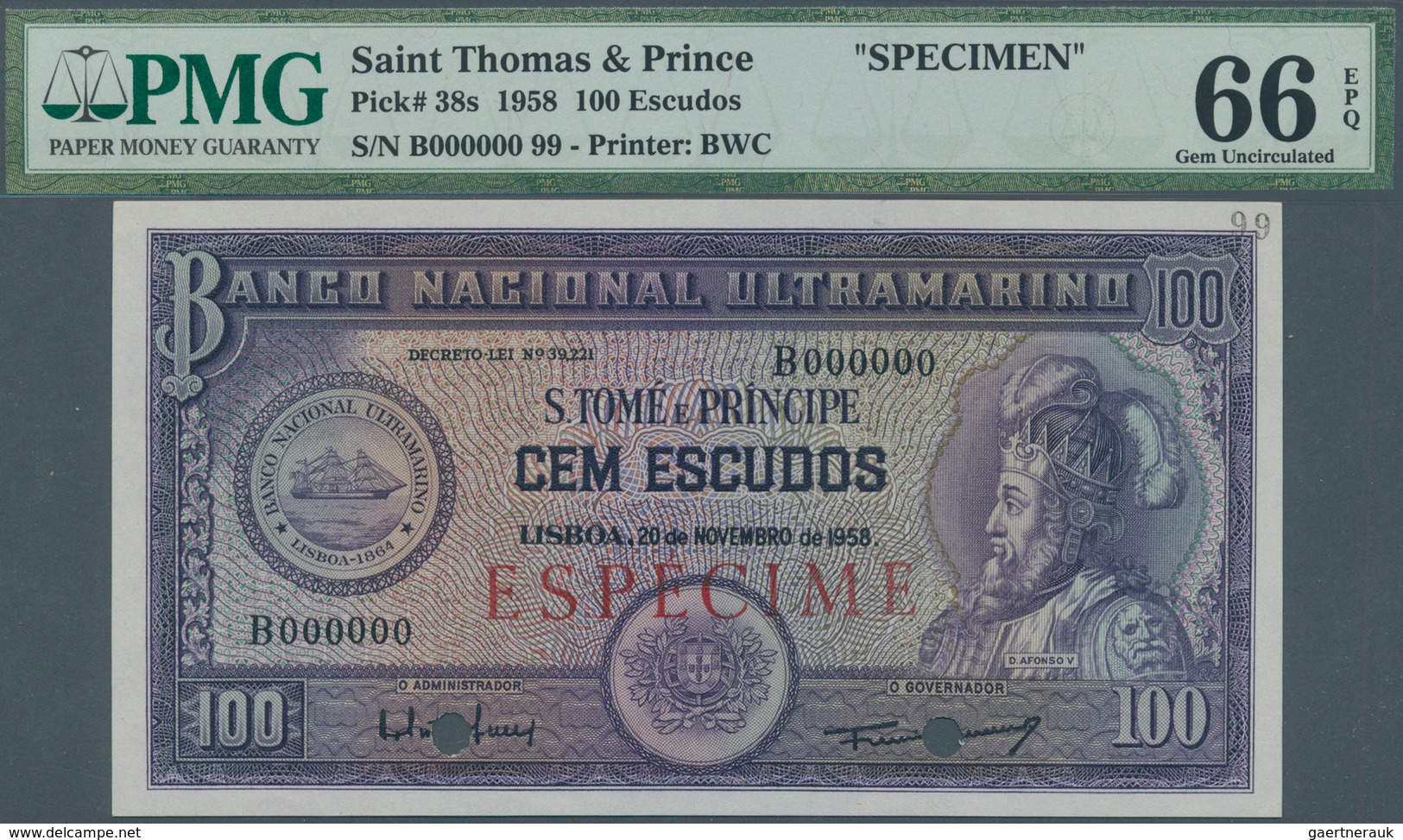02294 Saint Thomas & Prince / Sao Tome E Principe: 100 Escudos 1958 Specimen P. 38s In Condition: PMG Grad - Sao Tome And Principe
