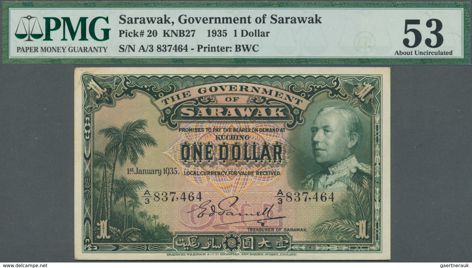 02298 Sarawak: 1 Dollar 1935 P. 20 In Condition: PMG Graded 53 AUNC. - Malaysia